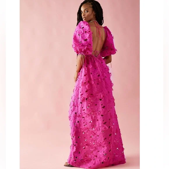 For Love & Lemons Leighton Serena 3d Floral Textured Cute Ties Maxi Dress - Picture 2 of 9